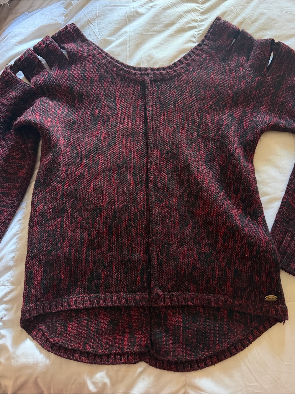 Guess Women’s Marled Black & Wine Knit Sweater with Cutout Details